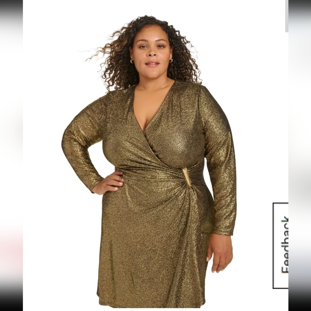 Calvin Klein Metallic Faux-Wrap Sheath Dress Sz 18W Plus Gold Women NWT Party